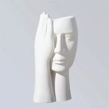 SHE STYLE Ваза для сухоцветов из гипса Лицо с рукой для декора дома