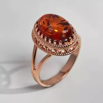 SHINE & BEAUTY Ювелирная бижутерия, кольцо с янтарем покрытое золотом 1.0