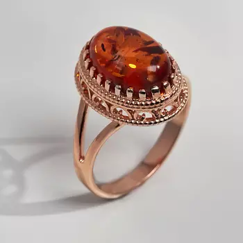 SHINE & BEAUTY Ювелирная бижутерия, кольцо с янтарем покрытое золотом 1.0