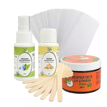 SKINTERRIA Набор для шугаринга 5 в 1: лосьон, тальк, сахарная паста, полоски, шпатели 50.0