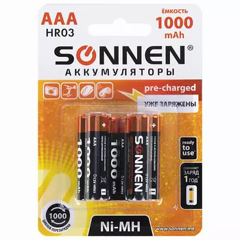 SONNEN Батарейки аккумуляторные Ni-Mh мизинчиковые ААA 1000 mAh