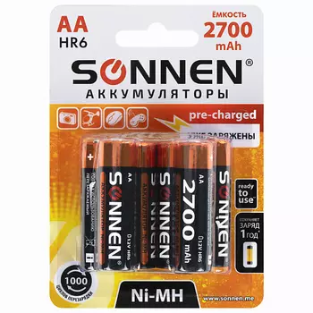 SONNEN Батарейки аккумуляторные Ni-Mh пальчиковые КОМПЛЕКТ АА (HR6)
