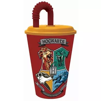 STOR Стакан пластиковый с соломинкой и крышкой (спортивный, 430 мл). Гарри Поттер и школьные гербы