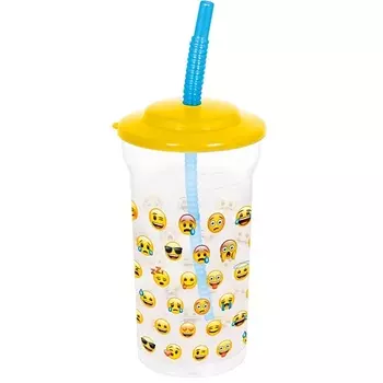 STOR Стакан пластиковый с соломинкой и крышкой 460 мл "Эмодзи Лица"