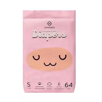 SUPERGREEN Подгузники Premium baby Diapers размер S (вес 3-6 кг) 64.0