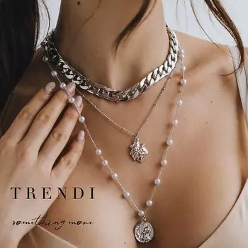 TRENDI Цепочка на шею женская с медальоном срез 2 нити жемчуг подвеска золото