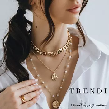 TRENDI Цепочка на шею женская с медальоном срез 2 нити жемчуг подвеска золото