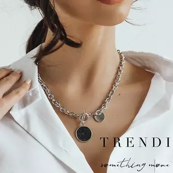 TRENDI Цепочка на шею женская с медальоном графит под золото