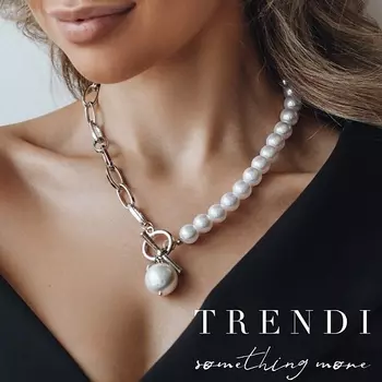TRENDI Колье ассиметричное жемчуг с подвеской шариком жемчуг ровный под золото