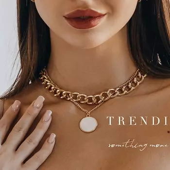 TRENDI Колье на шею чокер и цепочка двойная с подвеской медальон под золото