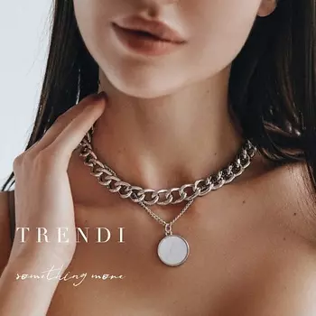 TRENDI Колье на шею чокер и цепочка двойная с подвеской медальон под золото