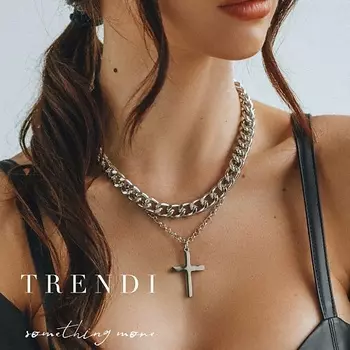 TRENDI Колье на шею чокер и цепочка двойная с подвеской крестик под серебро