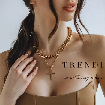 TRENDI Колье на шею чокер и цепочка двойная с подвеской крестик под серебро