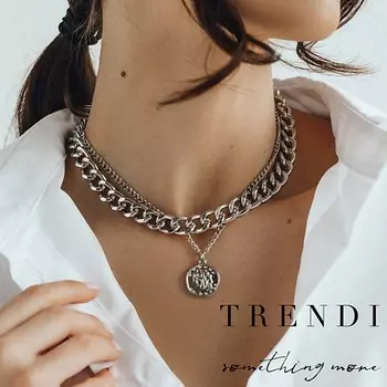 TRENDI Колье на шею чокер и цепочка двойная с подвеской монетка под серебро