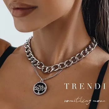 TRENDI Колье на шею чокер и цепочка двойная с подвеской дерево черный под золото
