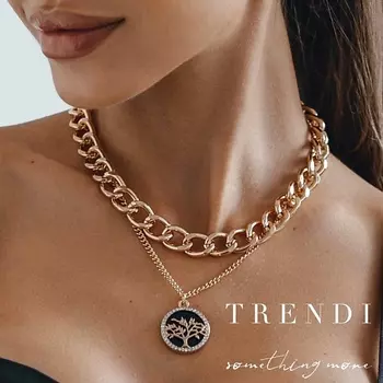 TRENDI Колье на шею чокер и цепочка двойная с подвеской дерево черный под золото
