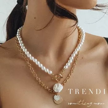 TRENDI Колье на шею женская цепь жемчуг кулон - подвеска под жемчуг под золото