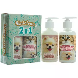 UNICLEAN Набор шампунь для шпицев и бальзам-кондиционер для длинной шерсти с маточным молочком
