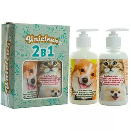 UNICLEAN Набор шампунь для вельш-корги и бальзам-кондиционер для длинной шерсти с маточным молочком