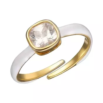 UVI JEWELLERY Золотистое безразмерное кольцо с прозрачным кристаллом и белой эмалью