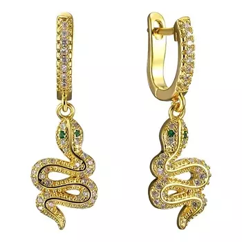 UVI JEWELLERY Золотистые серьги Змейки с прозрачными и зелеными кристаллами
