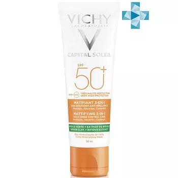 VICHY Capital Soleil Матирующий солнцезащитный крем для проблемной и жирной кожи, уход 3 в 1 с глиной, пробиотиком и витамином Е, защита от солнца SPF 50+