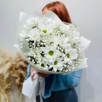 WISTERIA Букет из белоснежных ромашек и воздушной гипсофилы "Ромашки в снегу"