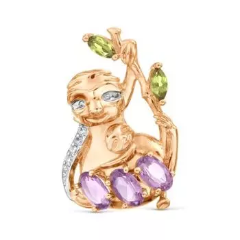 Брошь с аметистами, хризолитами и фианитами Линии Любви