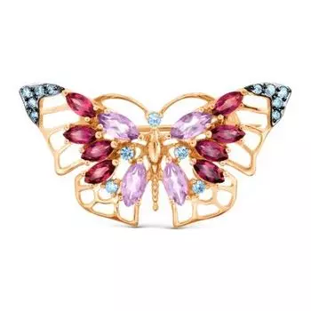 Брошь с аметистами, родолитами и фианитами Линии Любви