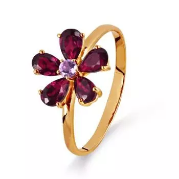 Кольцо с аметистом и родолитами Линии Любви