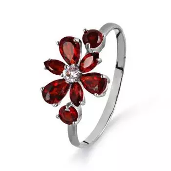 Кольцо с гранатами и фианитом Линии Любви