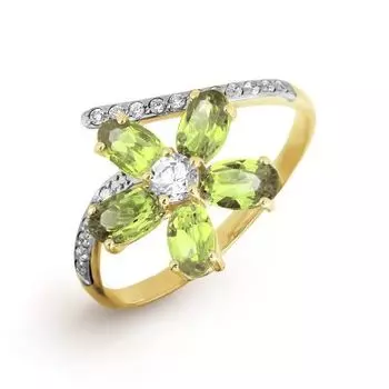 Кольцо с хризолитами и фианитами Линии Любви