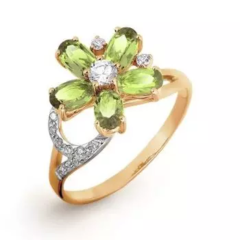 Кольцо с хризолитами и фианитами Линии Любви