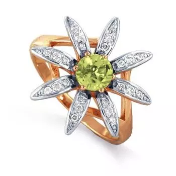 Кольцо с хризолитом и фианитами Линии Любви