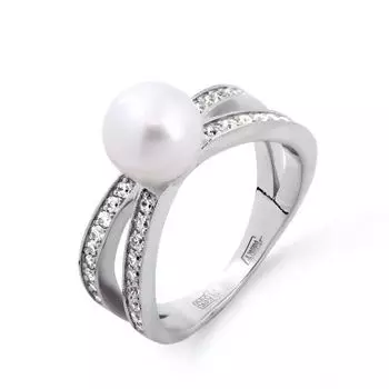 Кольцо с жемчугом и фианитами Линии Любви