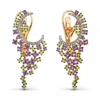 Серьги с аметистами, хризолитами и фианитами Линии Любви