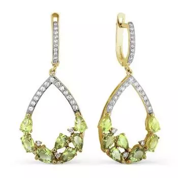 Серьги с хризолитами и фианитами Линии Любви