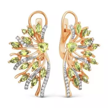 Серьги с хризолитами и фианитами Линии Любви