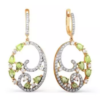 Серьги с хризолитами и фианитами Линии Любви