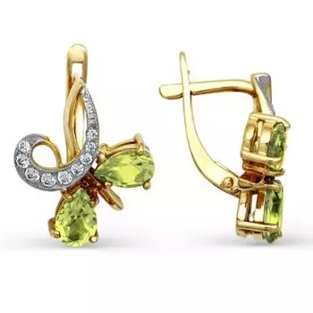 Серьги с хризолитами и фианитами Линии Любви