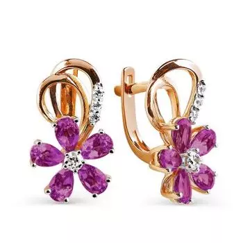 Серьги с родолитами и фианитами Линии Любви