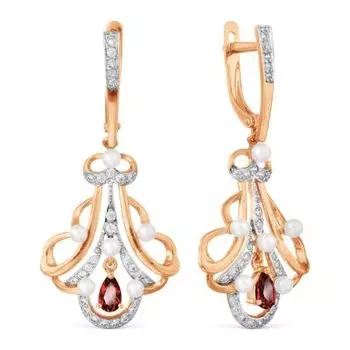 Серьги с жемчугом, гранатами и фианитами Линии Любви