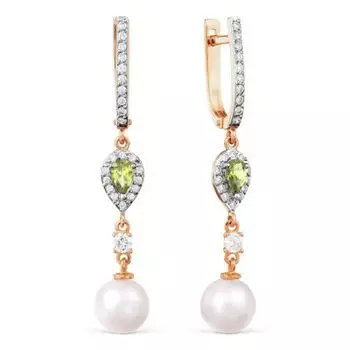 Серьги с жемчугом, хризолитами и фианитами Линии Любви