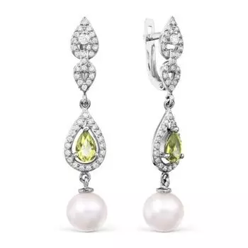 Серьги с жемчугом, хризолитами и фианитами Линии Любви