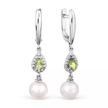 Серьги с жемчугом, хризолитами и фианитами Линии Любви
