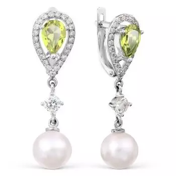 Серьги с жемчугом, хризолитами и фианитами Линии Любви