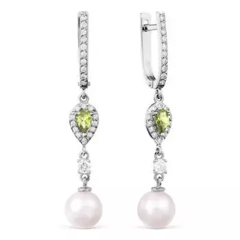 Серьги с жемчугом, хризолитами и фианитами Линии Любви