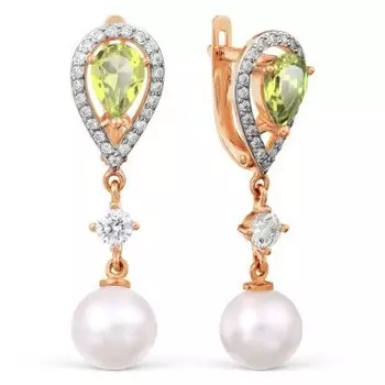 Серьги с жемчугом, хризолитами и фианитами Линии Любви