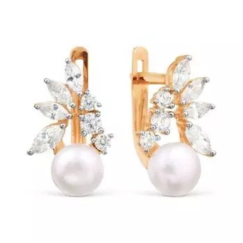 Серьги с жемчугом и фианитами Линии Любви