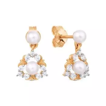 Серьги с жемчугом и фианитами Линии Любви